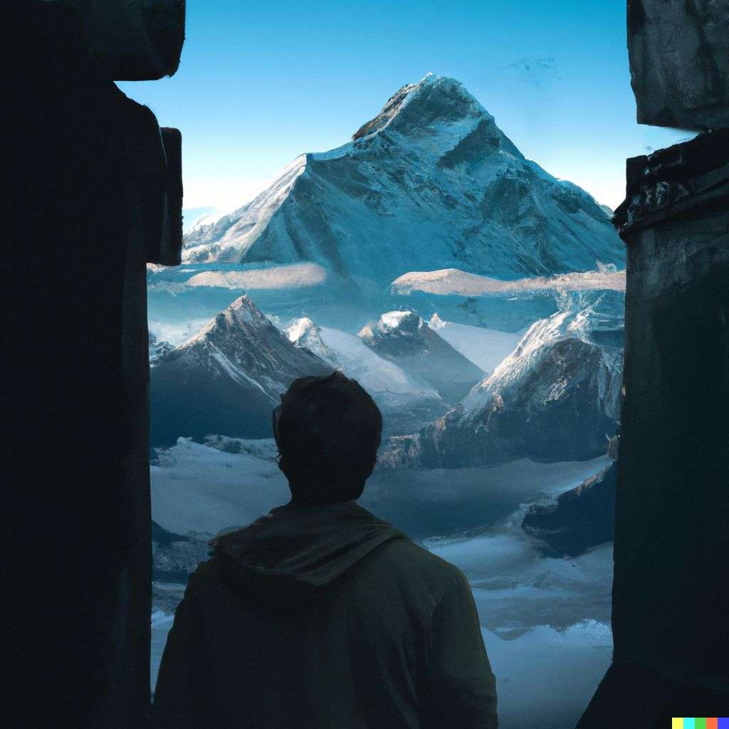 someone gazing at Mount Everest, digital art, dystopia